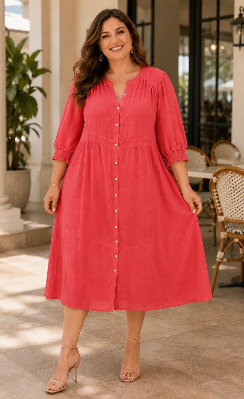 J.JILL Linen Blend Button Front Midi Dress Women's Size XL Vibrant Pink Coral